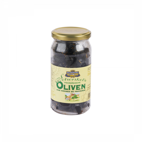 Schenkel Oliven schwarz, mit Kräutern der Provence, getrocknet, mit Kern, aus Frankreich